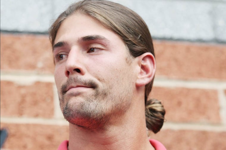 Philadelphia Eagles wide receiver Riley Cooper talks with the media, apologizing for a using a racial slur, at the NovaCare Complex in Philadelphia, Pennsylvania, on Wednesday, July 31, 2013. (Yong Kim / Staff Photographer)