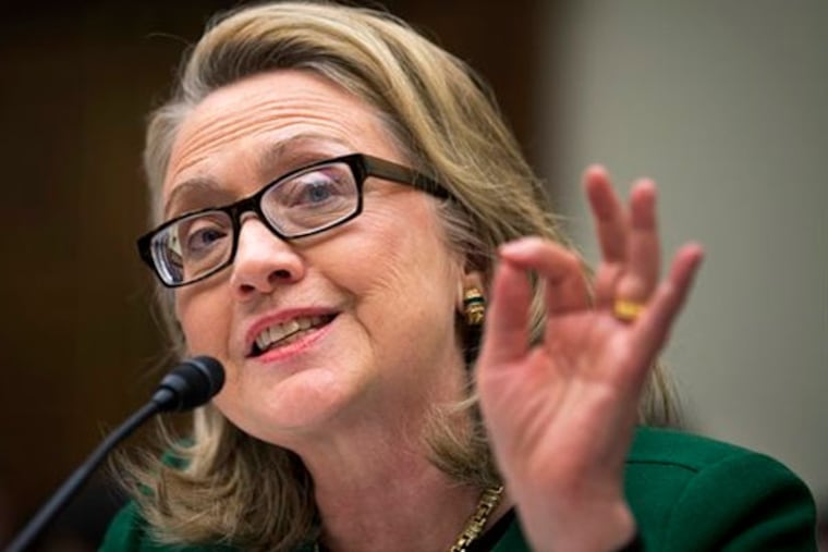 Secretary of State Hillary Rodham Clinton, testifies on Capitol Hill, Wednesday, Jan. 23, 2013, before Senate Foreign Relations Committee hearing on the deadly September attack on the U.S. diplomatic mission in Benghazi, Libya, that killed Ambassador Chris Stevens and three other Americans. (AP Photo/Manuel Balce Ceneta)