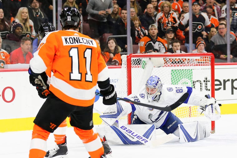 File photo: Travis Konecny and the Flyers went 0-2-0 against Andrei Vasilevskiy and the Lightning this season.
