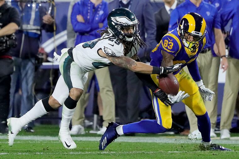 Avonte Maddox, shown intercepting a pass during a game against the Los Angeles Rams in December of last season, has been a standout star in the Eagles' spring workouts.