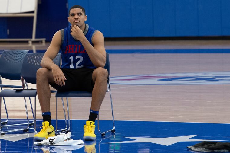 Tobias Harris looks on minutes before talking to the media about the crash that took the lives of former Lakers star Kobe Bryant and seven others Sunday. Harris spoke after a team practice Monday at the training facility in Camden.