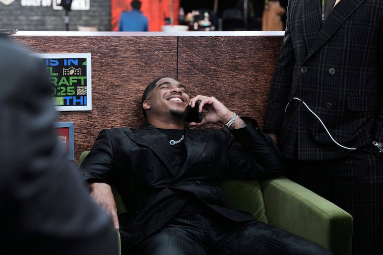 Alabama linebacker Jihaad Campbell celebrates after being picked by the Eagles during the first round of the 2025 NFL draft on April 24.