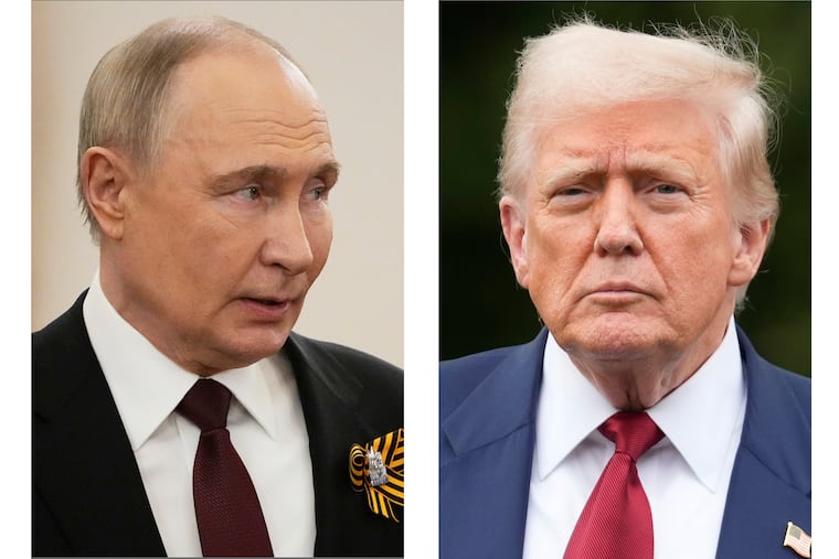 This combination of photos shows Russian President Vladimir Putin, left, in Moscow in May, and President Donald Trump in Washington on Aug. 1.