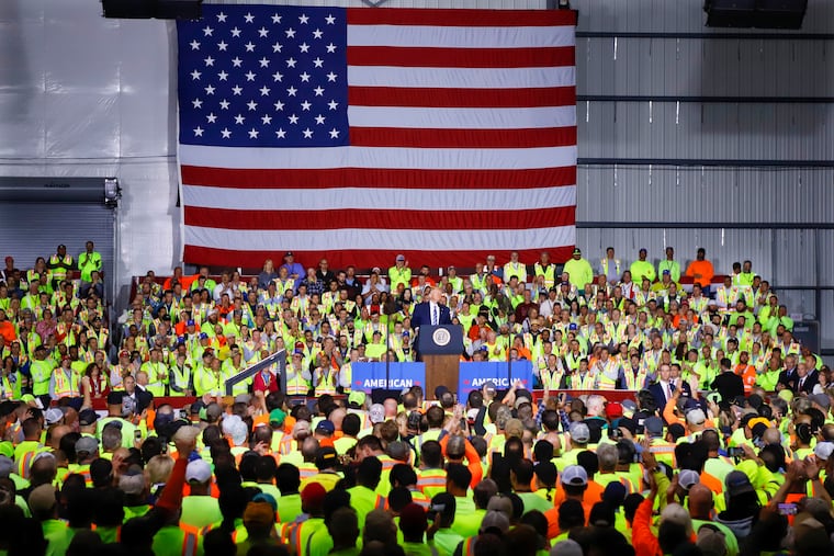 President Donald Trump speaks at the Pennsylvania Shell ethylene cracker plant on Tuesday, Aug. 13, 2019 in Monaca, Pa.(AP Photo/Keith Srakocic)