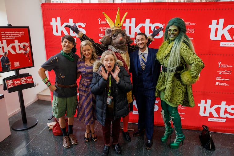 Pam Covey (center), with the Association of Philadelphia Tour Guides, at the kick off for TKTS in Philadelphia in November. With her are Jordan Chall, Peter Pan, Arden Theater; Renee McFillin, as Lois Lane, "Kiss Me Kate"; the Mouse King, "Nutcracker," Philadelphia Ballet: Andrew B. Kelley playing Bill Calhoun, "Kiss Me Kate"; and Mabeline Grinchester Diorio, Bearded Ladies Cabaret, the Greenaissance Tour.