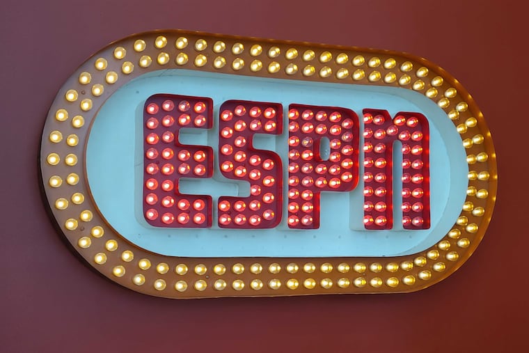 An ESPN sign inside the network's headquarters in Bristol, Ct.