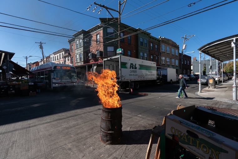 A barrel used for heat on Ninth Street, in Philadelphia, Thursday, October 17, 2024.