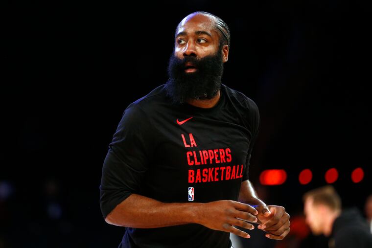 Los Angeles Clippers guard James Harden warms up before an NBA basketball game against the New York Knicks, Monday, Nov. 6, 2023, in New York. (AP Photo/John Munson)