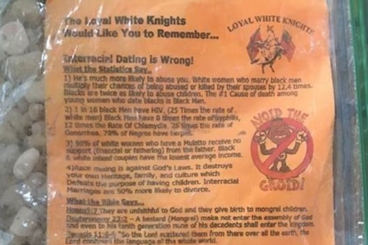 A photo of one of the fliers in a zip-locked baggie found in Montgomery County.