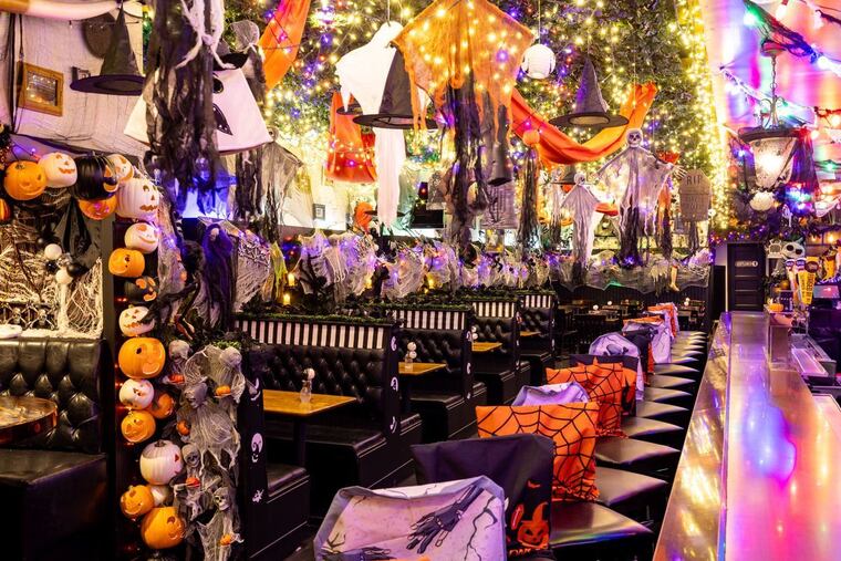 Craftsman Row Saloon, 112 S. Eighth St., as decorated for Halloween 2024.