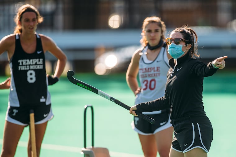Temple interim head coach Michelle Vittese coaches during practice at Howarth Field.