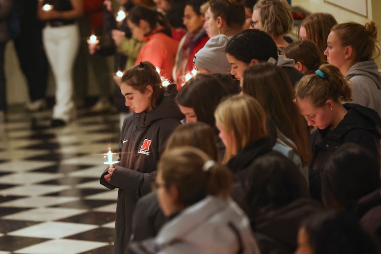 Students and members of the Haverford community gather for a candlelight vigil for Kinnan Abdalhamid, a junior and Palestinian student who was shot in Vermont. Police are investigating the shooting as a possible hate crime.