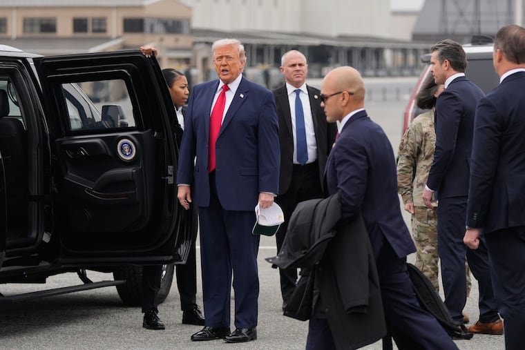 President Donald Trump arrives at Dover Air Force Base, Del., on Saturday, March 7, 2026.