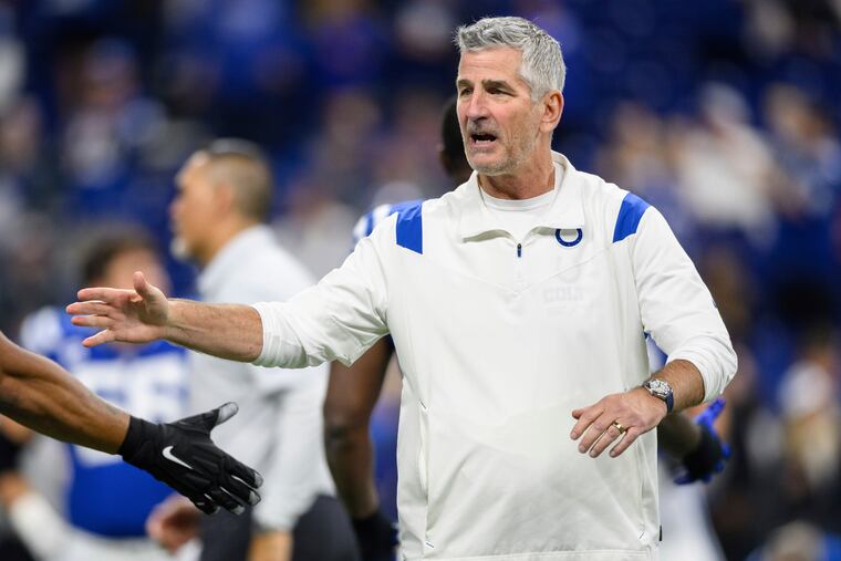 Indianapolis Colts head coach Frank Reich gestures on the field before an NFL football game against the Washington Commanders, Sunday, Oct. 30, 2022, in Indianapolis. The Carolina Panthers announced Thursday, Jan. 26, 2023, they have agreed to terms with Frank Reich to become their new head coach.