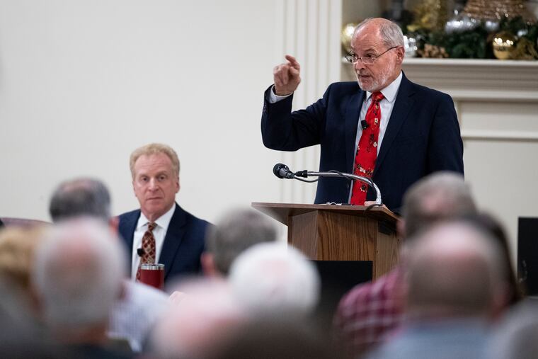Kennett Township Board of Supervisors Chairman Scudder Stevens, right, addresses the public during a special meeting on Dec. 17, 2019, as Vice Chair Rich Leff sits at left. The meeting was held to discuss the arrest of former township manager Lisa M. Moore, who was arrested for embezzling more than $3 million in taxpayer money over the course of eight years.