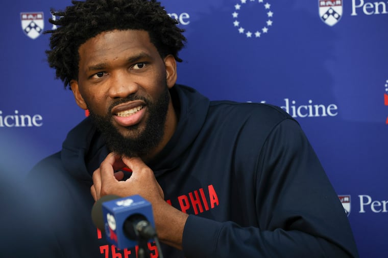 Joel Embiid speaks to the media for the first time since his injury at the Philadelphia 76ers training complex in Camden, NJ on Thursday, Feb. 29, 2024.