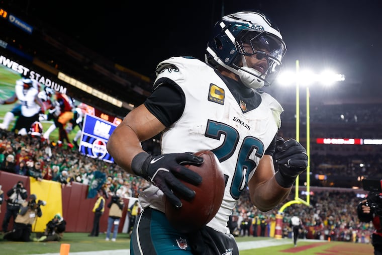 Eagles running back Saquon Barkley after scoring a rushing touchdown against the Commanders in Landover, Md., on Saturday, December 20, 2025.