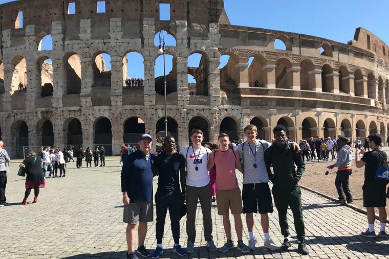 Team Stars & Stripes coach Bill Gallagher (far left) poses with (from left) Penn Charter’s John Washington and Owen Peters, Father Judge’s Sean Cunningham, Springside Chestnut Hill’s Jack Elliott, and Cheltenham’s Jordan Gyabaah in front of the Coliseum.