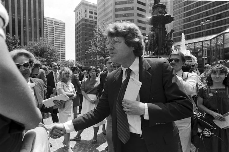 Democratic gubernatorial candidate Jerry Springer greets supporters at a rally on Fountain Square in Cincinnati, Ohio, on June 3, 1982. Springer, the former Cincinnati mayor and news anchor whose namesake TV show unleashed strippers, home wreckers, and skinheads to brawl and spew obscenities on weekday afternoons, has died. He was 79.