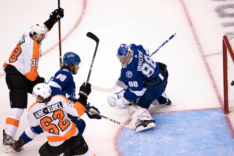 Nic Aube-Kubel scored his first goal on a nifty deflection of a shot attempt by Shayne Gostisbehere.