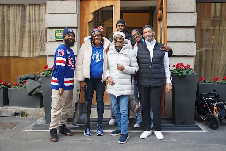 Laila Edwards’ family in front of their hotel before heading to the women's hockey gold medal game between the United States and Canada. Edwards' grandmother, Ernestine Gray, is front and center. with parents Charone Gray-Edwards and Robert Edwards at right.