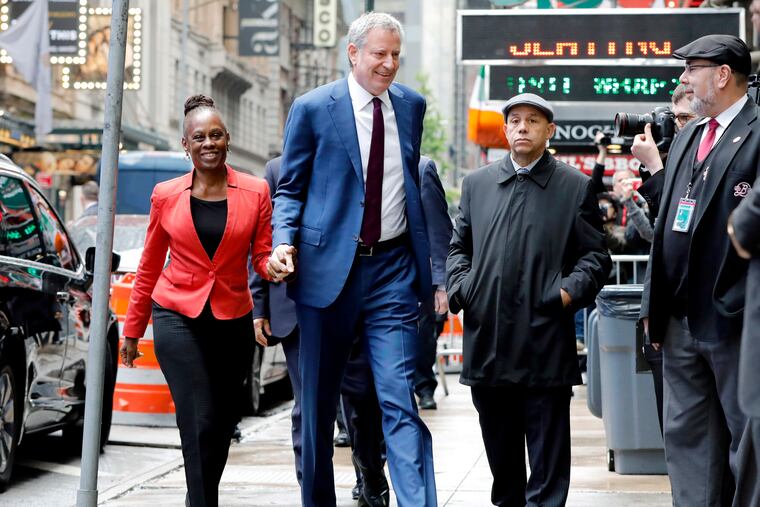 New York Mayor Bill de Blasio and his wife, Chirlane McCray, arrive at "Good Morning America" in New York, Thursday, May 16, 2019.