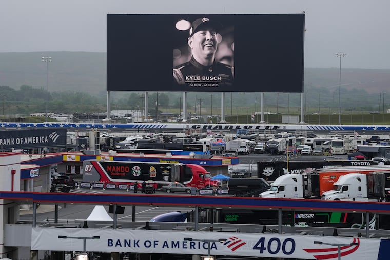 An in memoriam photo of former driver Kyle Busch is displayed Friday on the video board of the backstretch at Charlotte Motor Speedway in Charlotte, N.C.