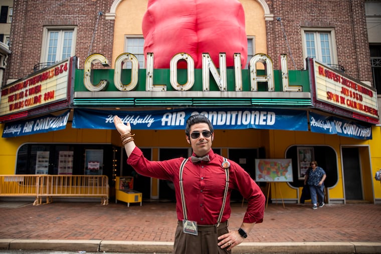 Chuck Francisco, of Royersford, Pa., poses for a portrait in front of the Colonial Theatre for the 23rd Annual Blobfest in Phoenixville, Pa., on Saturday. The annual event returns this weekend.