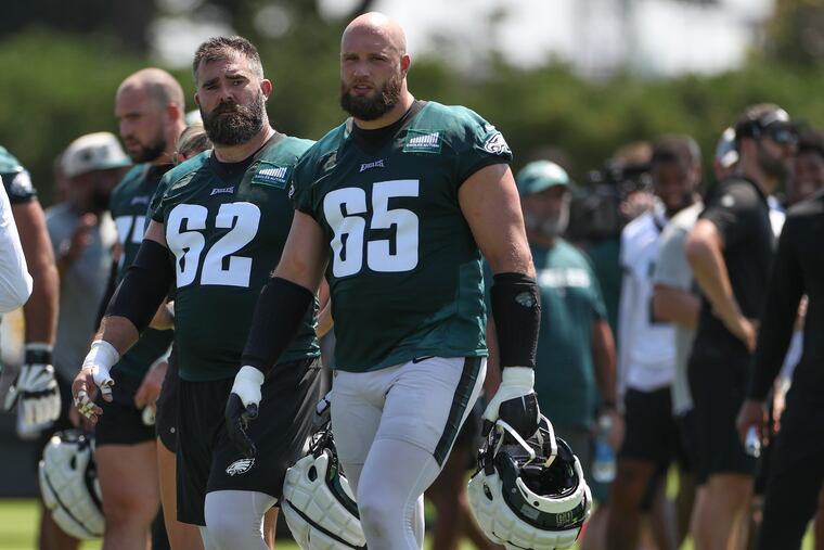 Eagles offensive linemen Jason Kelce and Lane Johnson have been teammates for more than a decade.
