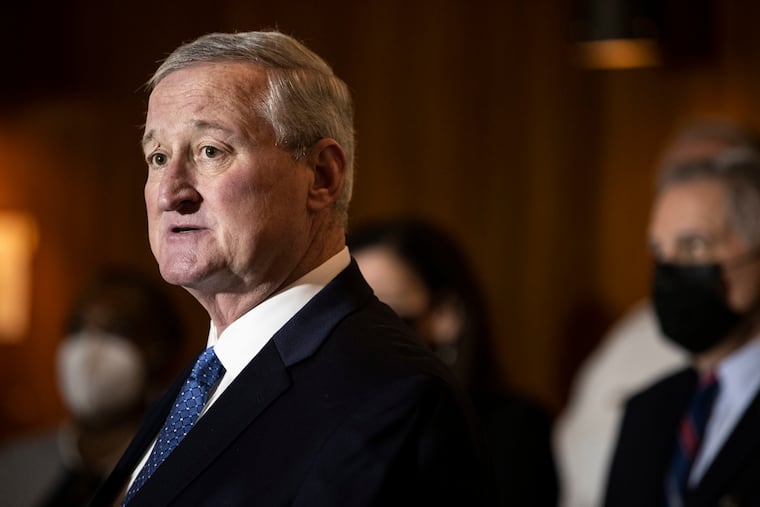 Mayor Jim Kenney spoke during a press conference at the Philadelphia Police Department Headquarters in Philadelphia, Pa. on Tuesday, February 22, 2022.