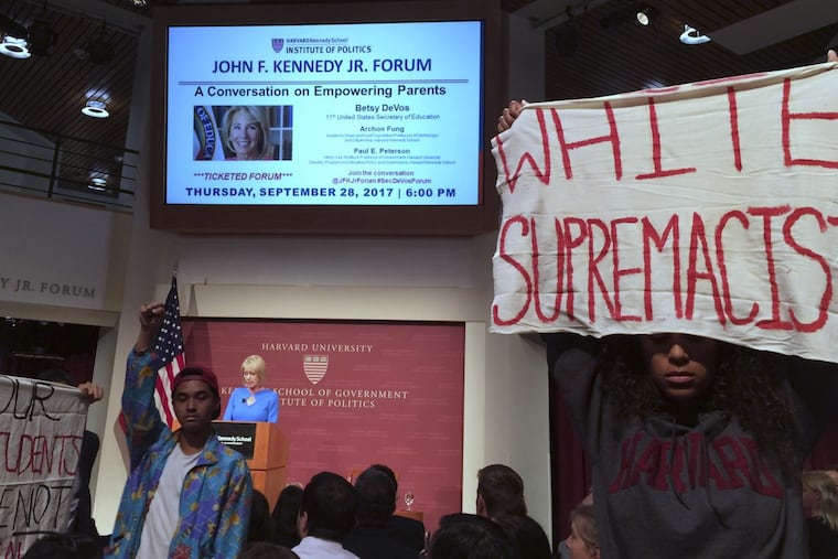 Education Secretary Betsy DeVos, the target of protesters last month at Harvard University, could help end school segregation but has shown no interest.