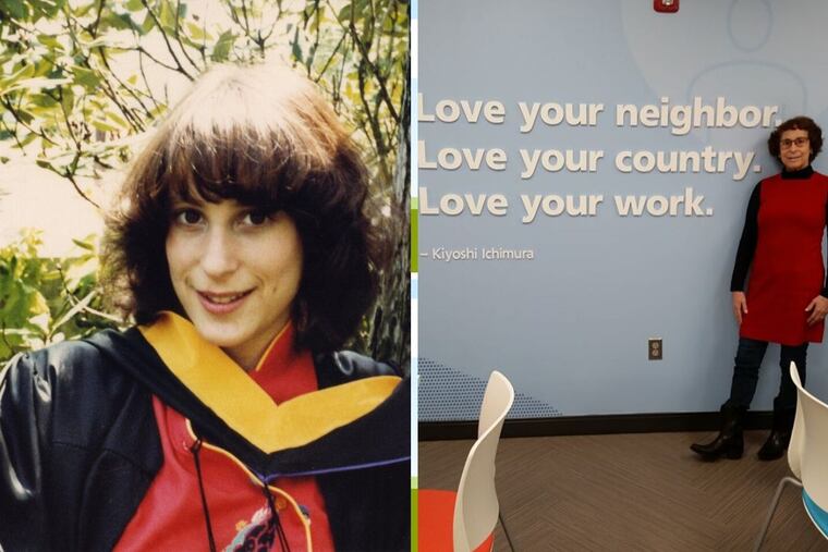 Robin Gorneau,left, at her graduation day from West Chester State College in May 1980, months before she was shot in a robbery. At right, Gorneau is in her office headquarters in Exton, Pa. in October 2019.
