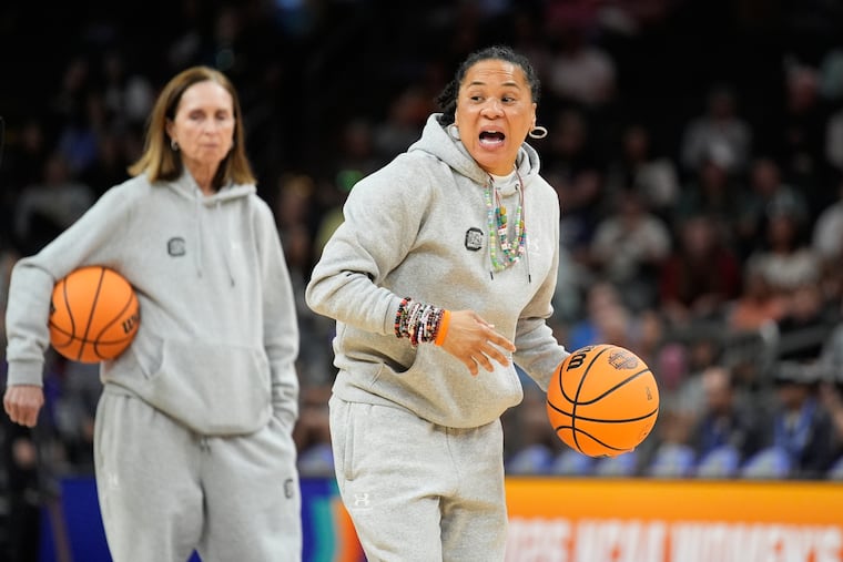 Dawn Staley on the court during South Carolina's open practice Saturday, the eve of her fifth national championship game as the Gamecocks' head coach.