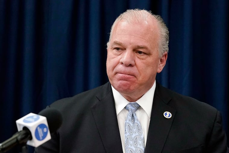 Former New Jersey Senate President Steve Sweeney speaks with members of the media during a news conference in Trenton, N.J. on Nov. 10, 2021.