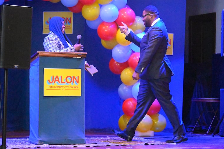 Jalon Alexander takes the stage as he kicks off his campaign for a bid in the 5th Council District, in Fairmount, on Saturday.