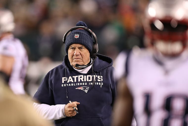 New England Patriots head coach Bill Belichick watches from the sideline as the Philadelphia Eagles play the New England Patriots at Lincoln Financial Field on Nov. 17, 2019.