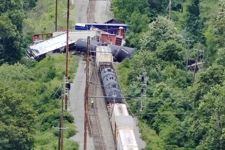 Image provided by Bensalem Township Police Department of the freight train derailment that happened Tuesday afternoon, June 30, 2026.