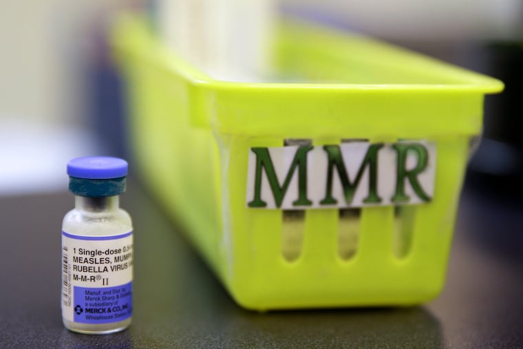 This Feb. 6, 2015, file photo shows a Measles, Mumps and Rubella (MMR) vaccine on a countertop at a pediatrics clinic in Greenbrae, Calif.