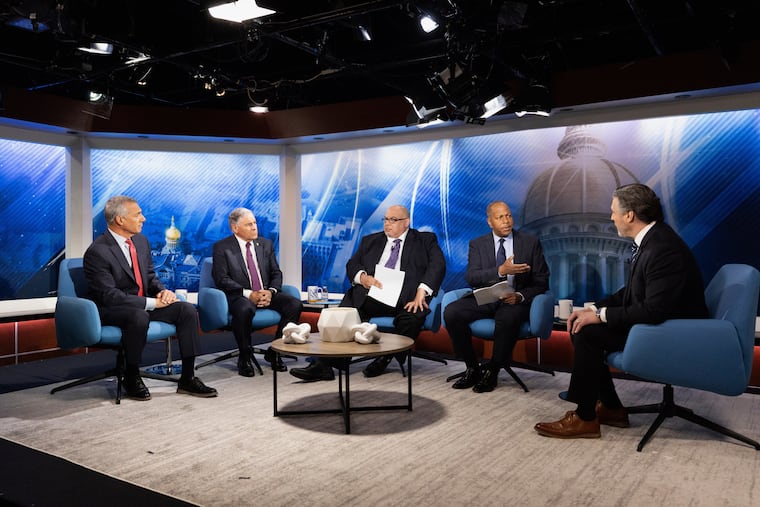 Candidates former Assemblyman Jack Ciattarelli, from left, State Senator Jon Bramnick, moderators NJ PBS Chat Box host David Cruz, WNYC Morning Edition host Michael Hill and candidate former radio personality Bill Spadea, discuss the issues during the New Jersey Republican gubernatorial primary debate at NJ PBS Studios, Wednesday, May 7, 2025, in Newark, N.J. (Steve Hockstein/NJ Advance Media via AP, Pool)