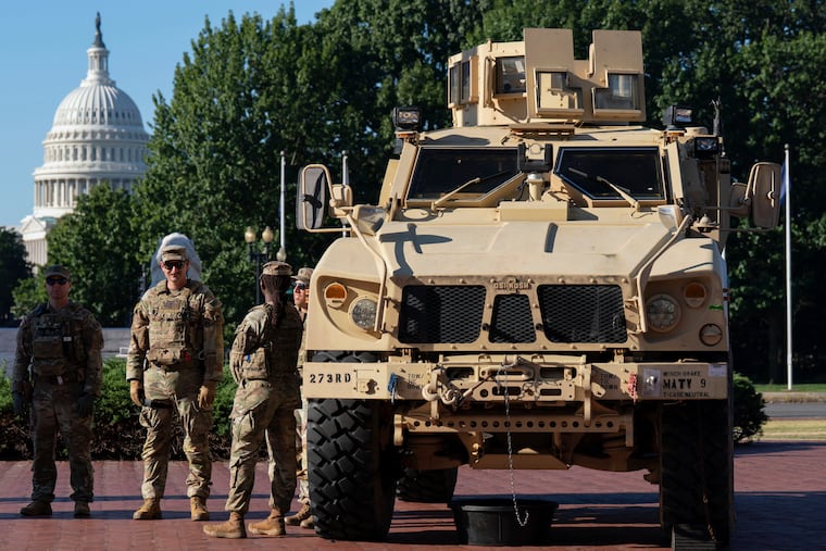 National Guard troops patrol outside of Union Station in Washington, D.C., on Monday, Sept. 1, 2025.