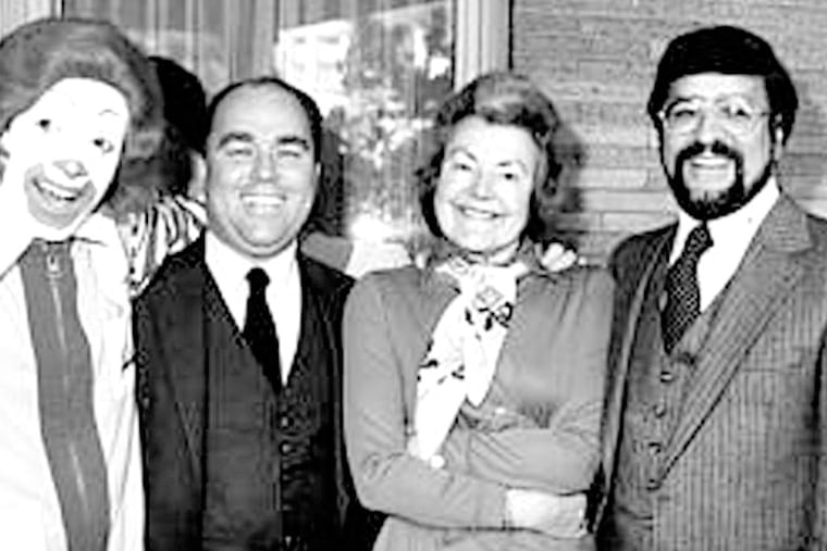 Whatever15p2REG. Lab Copy. Copy of a photo from the opening of the first Ronald McDonald House, in Phila. in 1974. From left, Ronald McDonald (no ID allowed); Jimmy Murray; Dr. Audrey Evans; and John Canuso. 2/2
Ronald McDonald, Jim Murray, Audrey Evans and John Canuso at the opening of the first Ronald McDonald House in West Philadelphia in 1974. Born in Philadelphia, Ronald McDonald Houses give families a place to stay while children are being treated at hospitals.
SOURCE CAPTION: Whatever15p2REG. Lab Copy. Copy of a photo from the opening of the first Ronald McDonald House, in Phila. in 1974. From left, Ronald McDonald (no ID allowed); Jimmy Murray; Dr. Audrey Evans; and John Canuso. 2/2