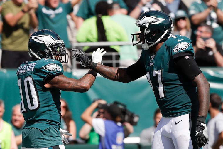 Eagles wide receivers DeSean Jackson and Alshon Jeffery celebrate Jackson's third-quarter touchdown against Washington back during Week 1 on Sept. 8, 2019. Both Jackson and Jeffery will return to the team in 2020, but how effective the veterans can be is a big question mark.