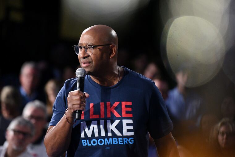 Former Philadelphia Mayor Michael Nutter speaks at a rally for former New York City Mayor Michael Bloomberg, whose presidential campaign Nutter is chairing.