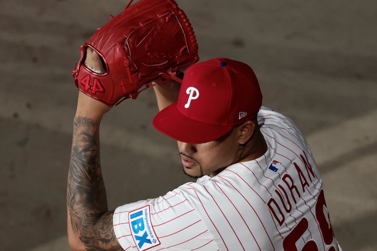 Jhoan Duran, the Phillies' 6-foot-5, 230-pound flamethrowing closer, has made an immediate impact on his new team.