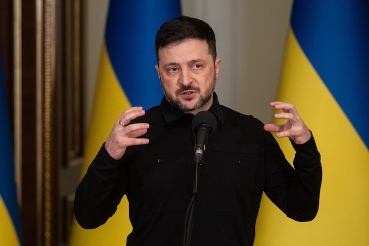 Ukraine's President Volodymyr Zelensky speaks during a briefing in Kyiv, Ukraine, Saturday, Jan. 3, 2026.