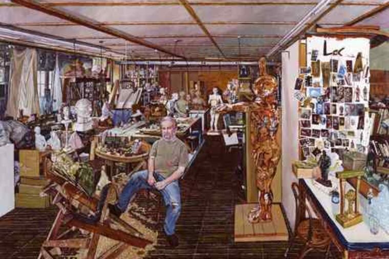 "Jonathan Shahn," acrylic on canvas is featured in "Mel Leipzig: Recent Works" at the New Jersey State Museum. In this portrait, Shahn may be the focal point, but he is effectively submerged in a cascade of objects.