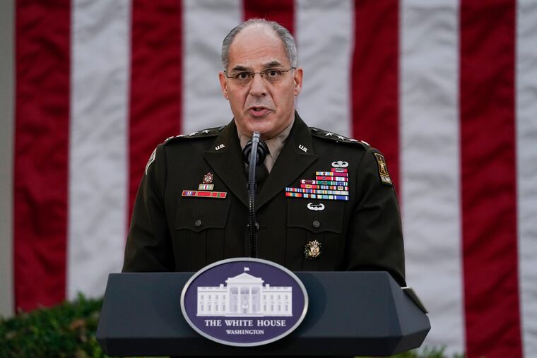 U.S. Army Gen. Gustave Perna, who is leading Operation Warp Speed, speaks during at an event in the Rose Garden of the White House in Washington. The Army general in charge of getting COVID-19 vaccines across the United States apologized on Saturday, Dec. 19, for “miscommunication” with states over the number of doses to be delivered in the early stages of distribution. "I failed. I'm adjusting. I am fixing and we will move forward from there," Perna told reporters in telephone briefing.