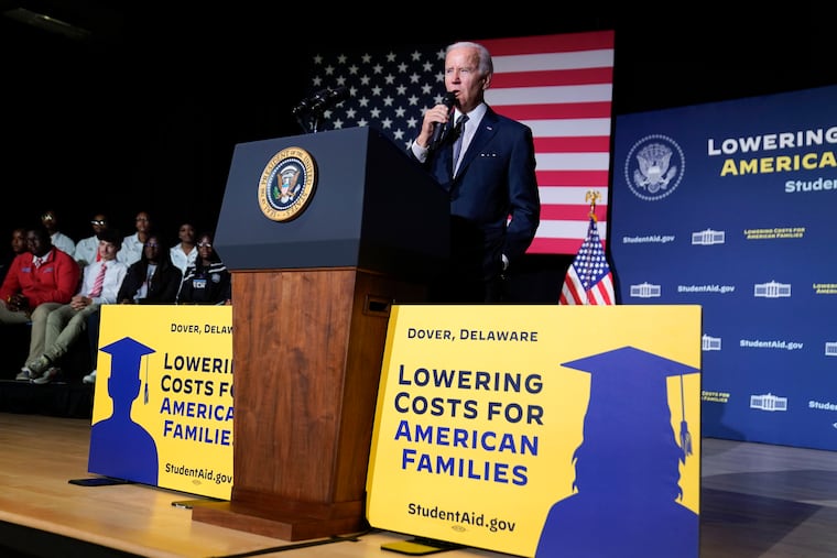 President Joe Biden speaks about student loan debt relief at Delaware State University, in 2022 in Dover, Del.