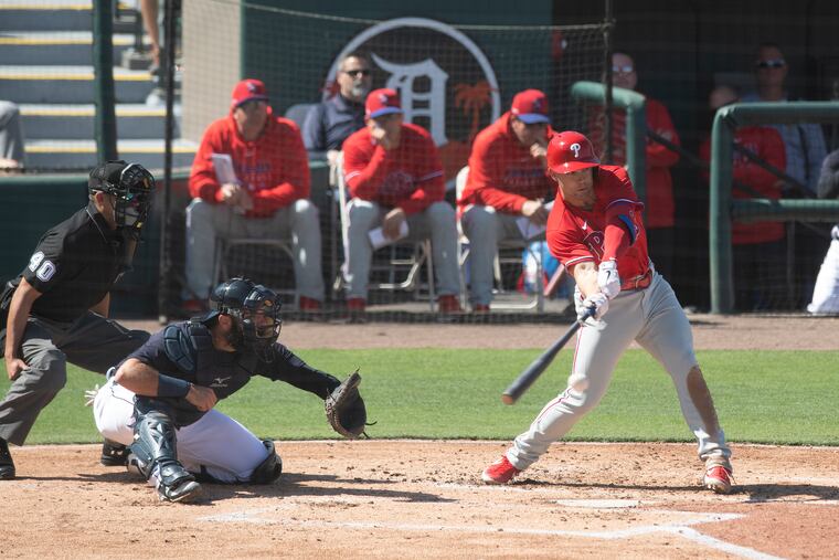 Phillies second baseman Scott Kingery bats in the first inning against the Detroit Tigers on Saturday at Joker Marchant Stadium.