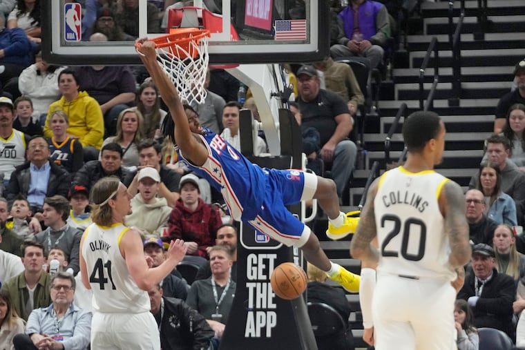 Sixers guard Tyrese Maxey (0) dunks in the second half against the Utah Jazz. The newly minted All-Star recorded a career-high 51 points on Thursday.